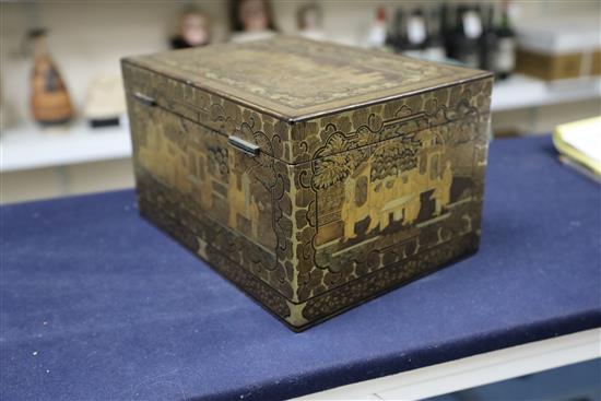 A Chinese export gilt-decorated black lacquer tea caddy, 19th century, W. 28cm